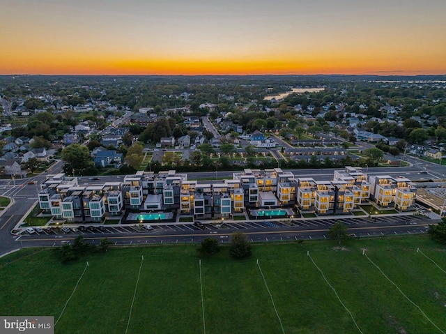 view of aerial view at dusk