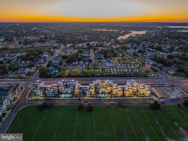 view of aerial view at dusk