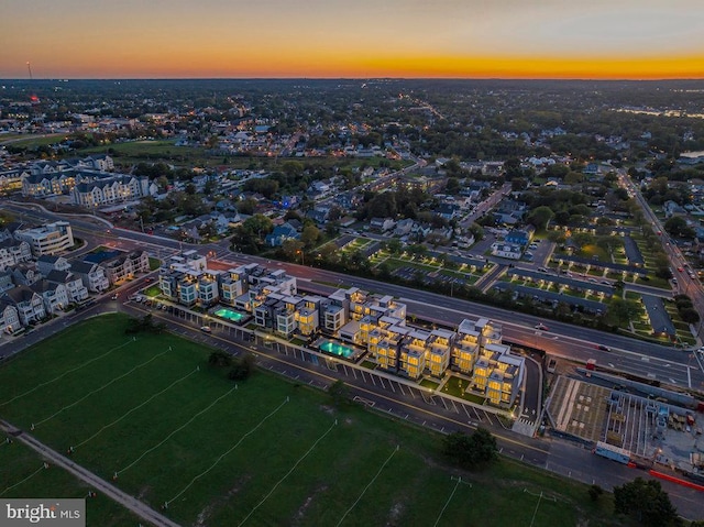 view of aerial view at dusk