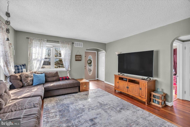 living room with a textured ceiling and wood-type flooring