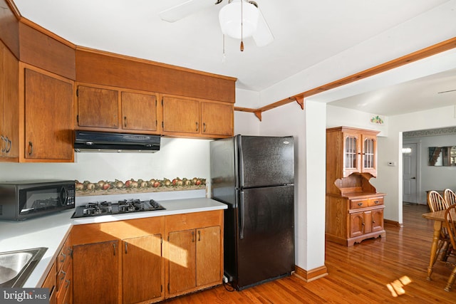 kitchen featuring ceiling fan, sink, light hardwood / wood-style flooring, and black appliances