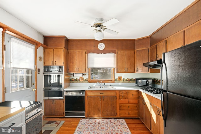 kitchen featuring ceiling fan, sink, black appliances, and light wood-type flooring