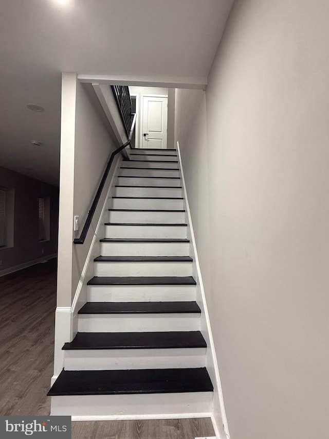 staircase with hardwood / wood-style flooring