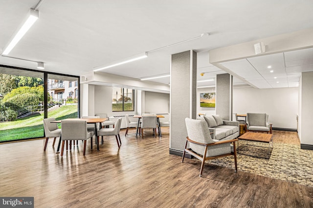 living room featuring a wall of windows and hardwood / wood-style flooring