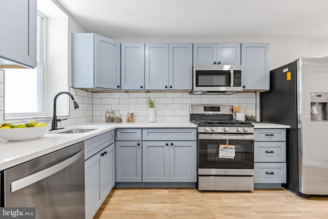 kitchen with sink, appliances with stainless steel finishes, light wood-type flooring, and tasteful backsplash