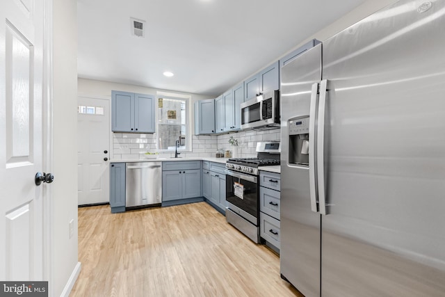 kitchen featuring appliances with stainless steel finishes, decorative backsplash, light hardwood / wood-style floors, and sink