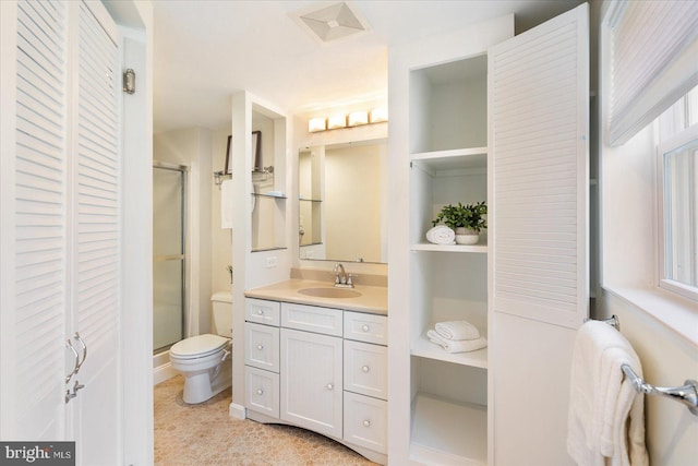 bathroom with visible vents, toilet, vanity, a shower stall, and a closet