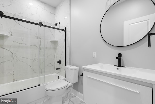 full bathroom featuring toilet, enclosed tub / shower combo, and vanity