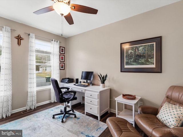 home office featuring ceiling fan and dark hardwood / wood-style flooring