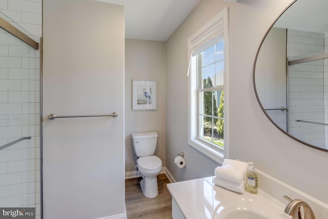 bathroom featuring wood-type flooring, toilet, a shower with door, and vanity