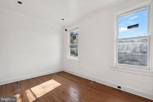 unfurnished room featuring crown molding, plenty of natural light, and wood-type flooring