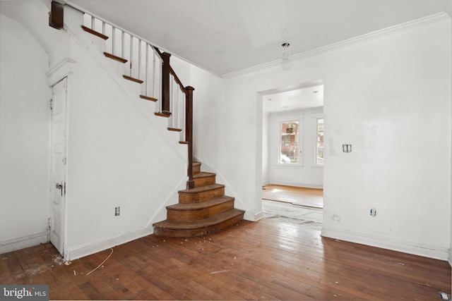 stairs with crown molding and wood-type flooring