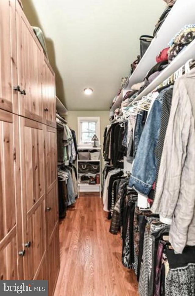 walk in closet with light wood-style flooring