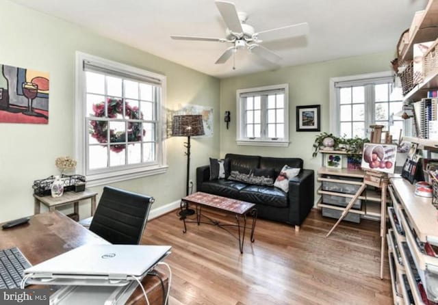 office area with baseboards, plenty of natural light, a ceiling fan, and wood finished floors