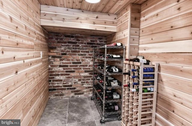 wine room featuring wood walls and tile patterned floors