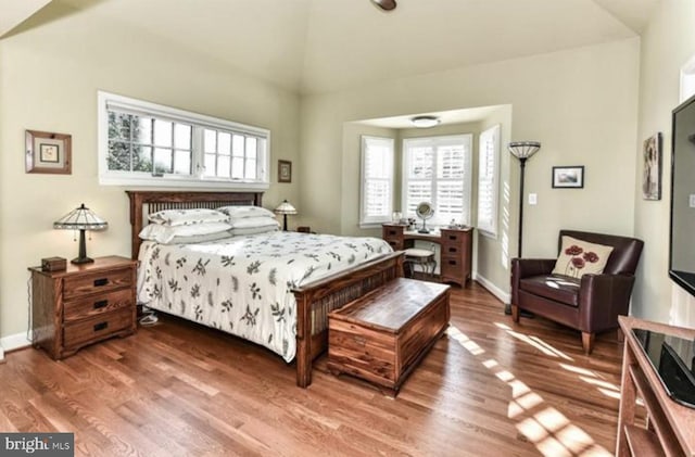 bedroom with multiple windows, baseboards, and wood finished floors