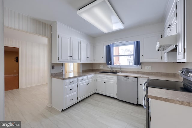 kitchen featuring stainless steel electric stove, sink, white cabinets, exhaust hood, and white dishwasher