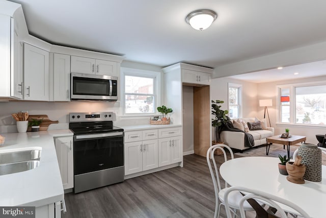 kitchen with white cabinetry, appliances with stainless steel finishes, sink, and dark wood-type flooring