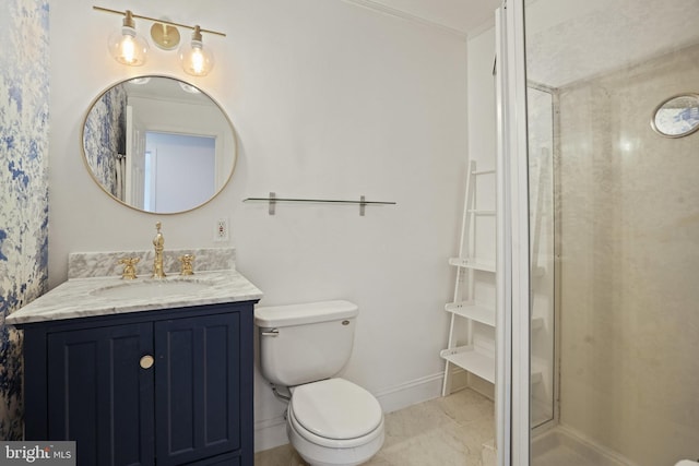 bathroom featuring vanity, ornamental molding, a shower with door, and toilet