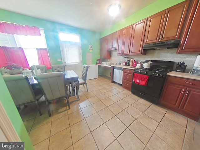 kitchen with tasteful backsplash, stainless steel dishwasher, black gas stove, and light tile patterned floors