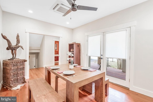 dining area featuring ceiling fan and light hardwood / wood-style flooring