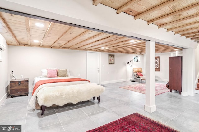 bedroom featuring wood ceiling and beamed ceiling