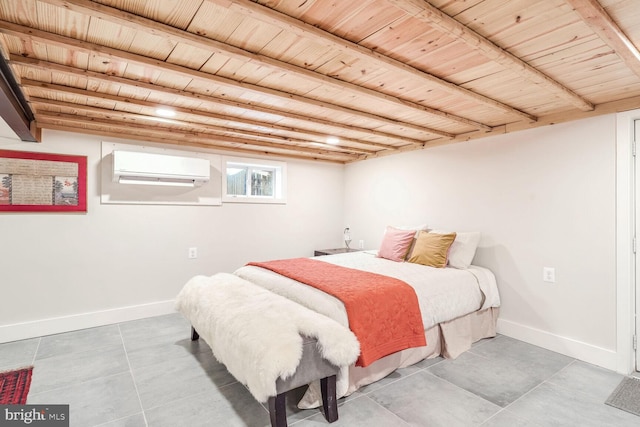 bedroom featuring wood ceiling and a wall mounted AC