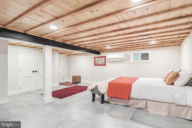 bedroom with a wall mounted air conditioner and wooden ceiling