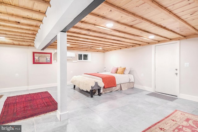 bedroom with wood ceiling and beam ceiling