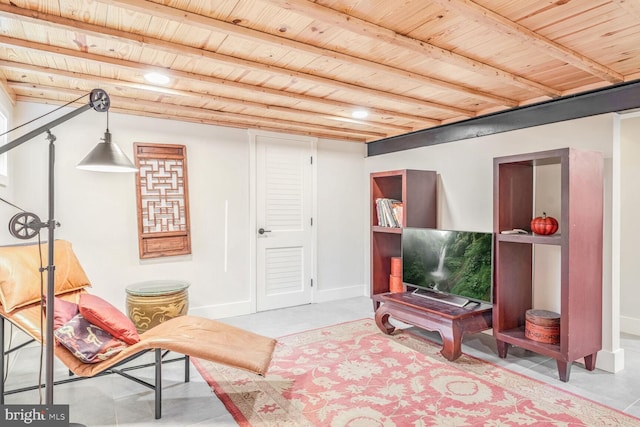 sitting room with wood ceiling