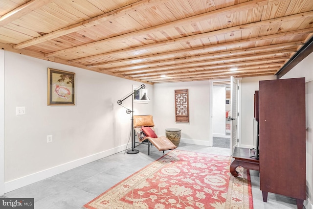 sitting room with wood ceiling