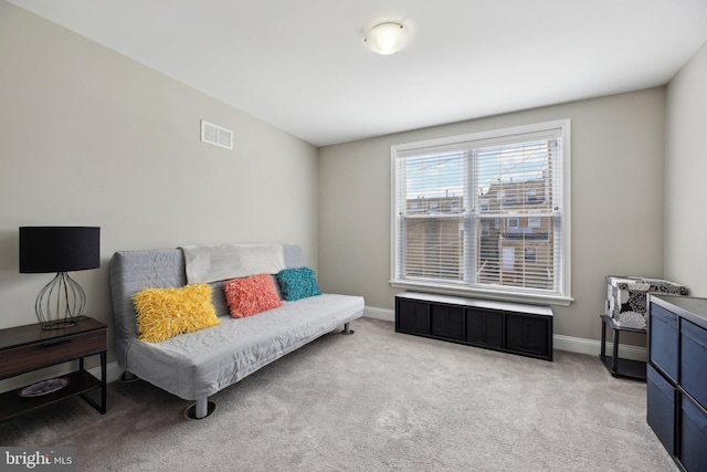 living area with light colored carpet