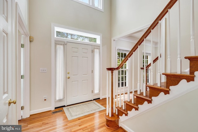 foyer entrance featuring a high ceiling, plenty of natural light, and light wood-type flooring