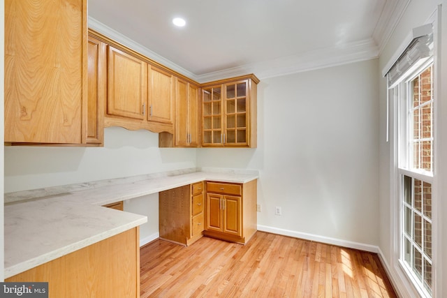 kitchen featuring light hardwood / wood-style floors, light stone countertops, and ornamental molding