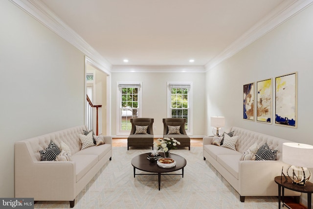 living room with light wood-type flooring and ornamental molding