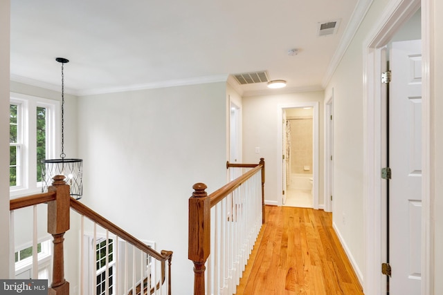 hall with crown molding and light hardwood / wood-style flooring