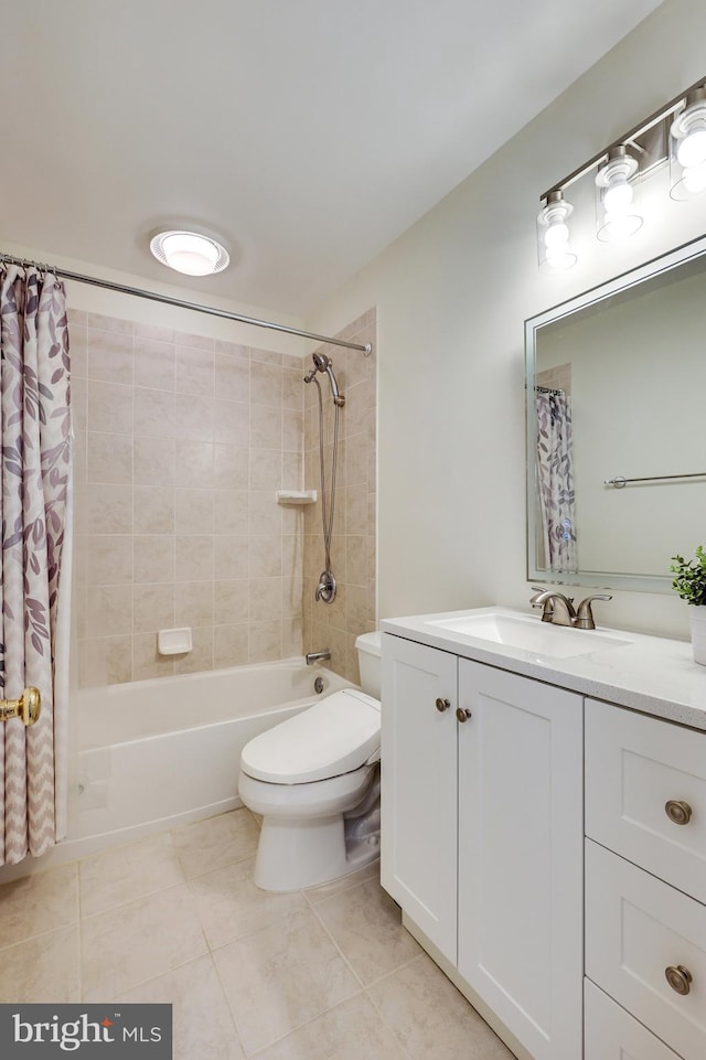 full bathroom featuring toilet, shower / bath combination with curtain, tile patterned floors, and vanity