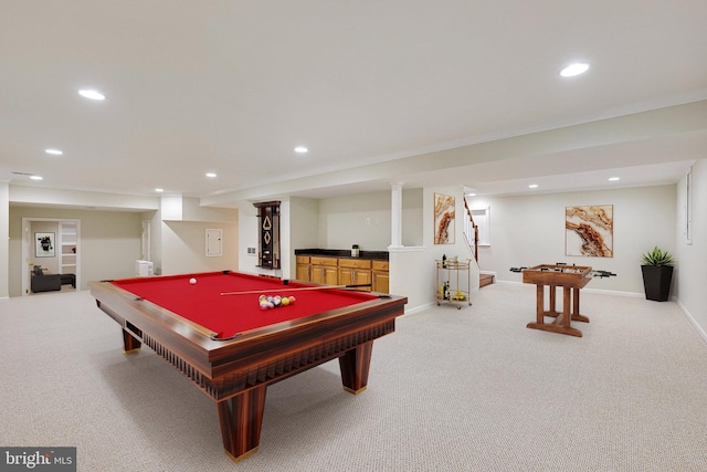 playroom with light carpet and pool table