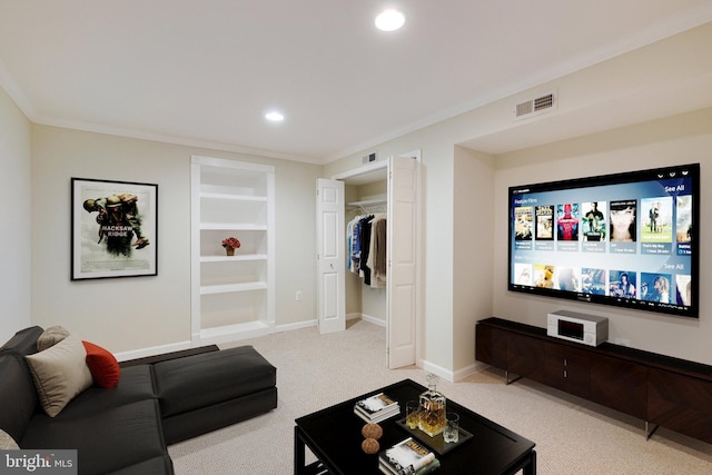 carpeted living room featuring crown molding