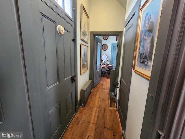 hallway with wood-type flooring and radiator