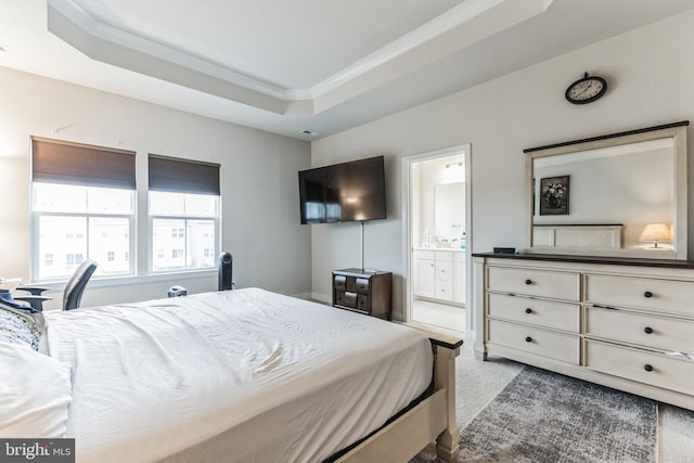 carpeted bedroom with a raised ceiling and ensuite bathroom