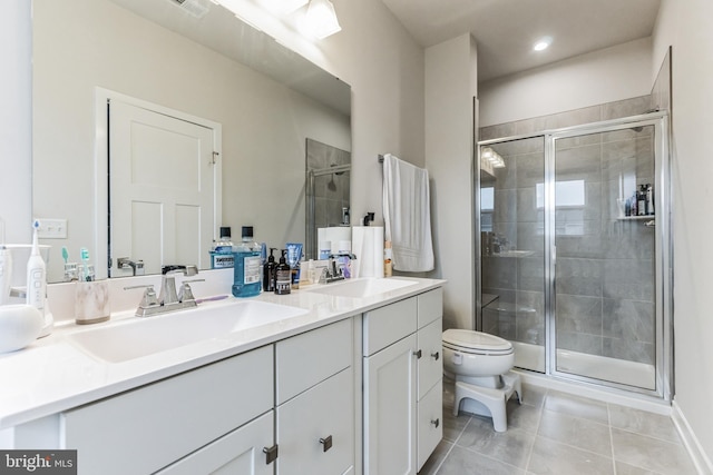 bathroom with toilet, tile patterned flooring, walk in shower, and vanity