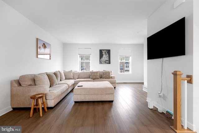 living room with dark hardwood / wood-style floors