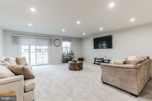 living room with light colored carpet