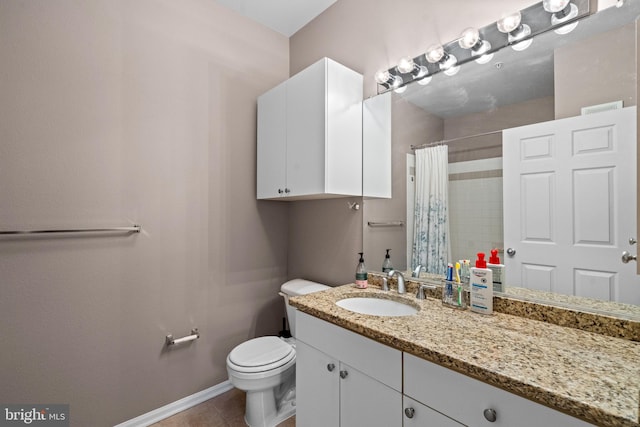 bathroom with tile patterned flooring, vanity, curtained shower, and toilet