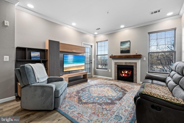 living room with crown molding, plenty of natural light, a fireplace, and light hardwood / wood-style flooring