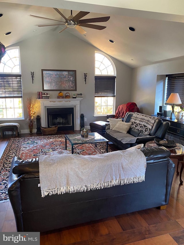 living room with vaulted ceiling and ceiling fan