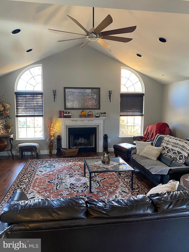 living room with ceiling fan, hardwood / wood-style floors, and lofted ceiling