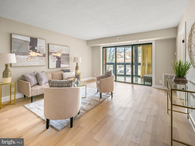 living room featuring a textured ceiling and light hardwood / wood-style floors