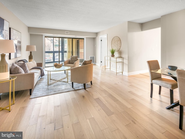 living room with light hardwood / wood-style floors and a textured ceiling